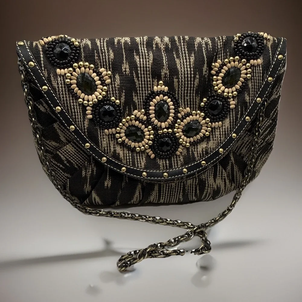 Rafe Large Beaded‎ Clutch Handbag Leather Stones 12x9 Chain Strap